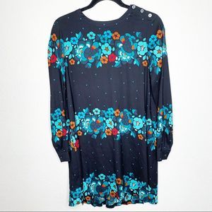 Ann Taylor Black Floral Bird Print Shift Dress Boho Long sleeve XS oversized